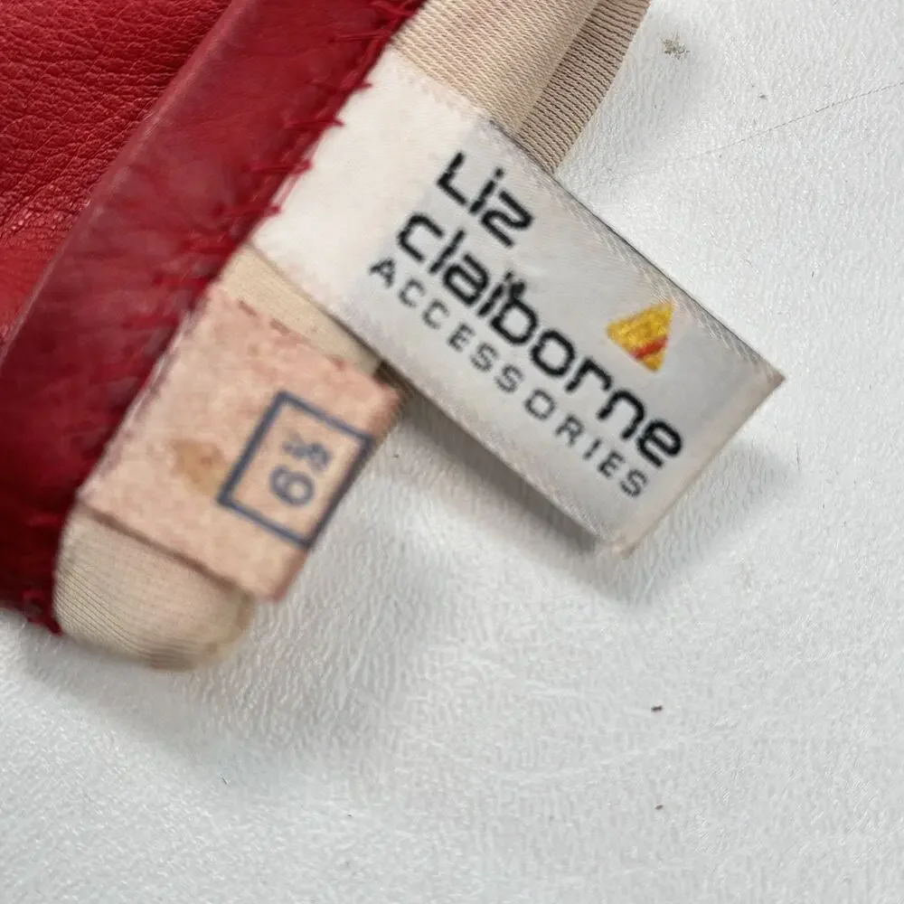 Liz Claiborne Leather Gloves Women 6.5 Lined Logo Red Past Wrist
